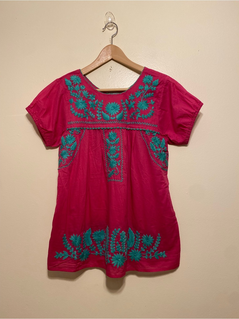 Calypso St. Barth Pink Tunic with Teal Floral Embroidery. Size XS